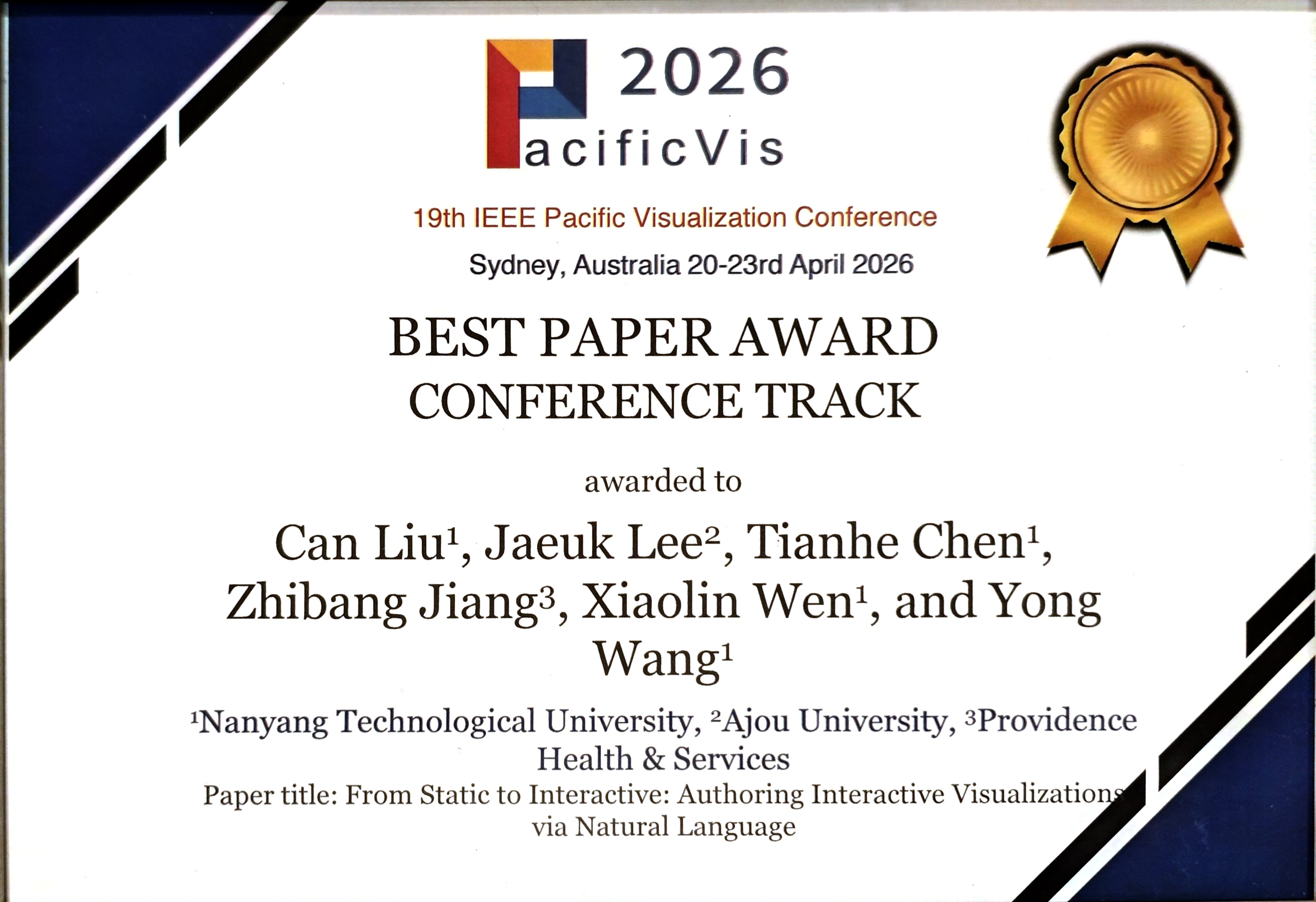 Best Paper Award at IEEE Pacific Visualization Conference (PacificVis 2026) image 1