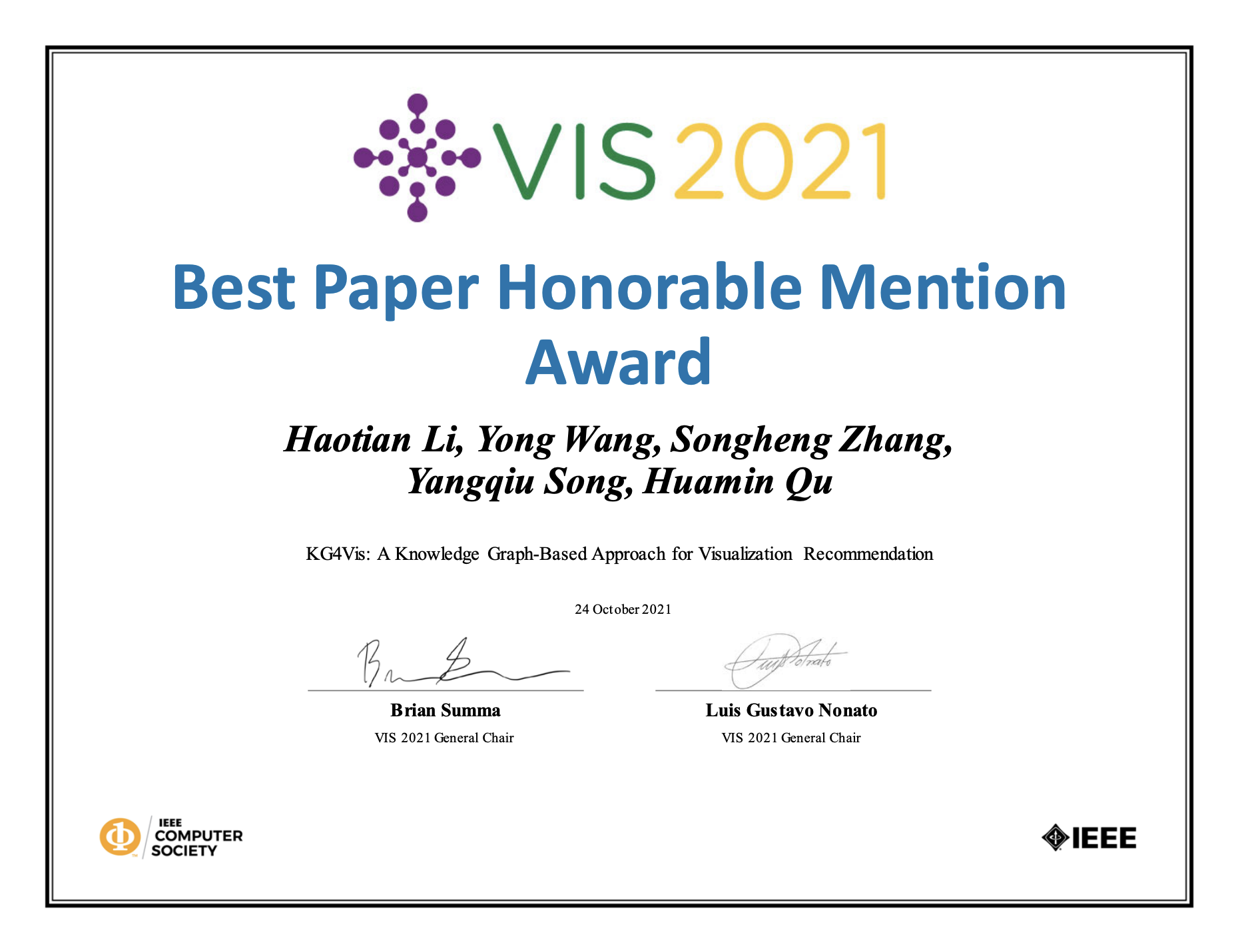 Honorable Mention Award from IEEE Visualization Conference (VIS2021) image 1