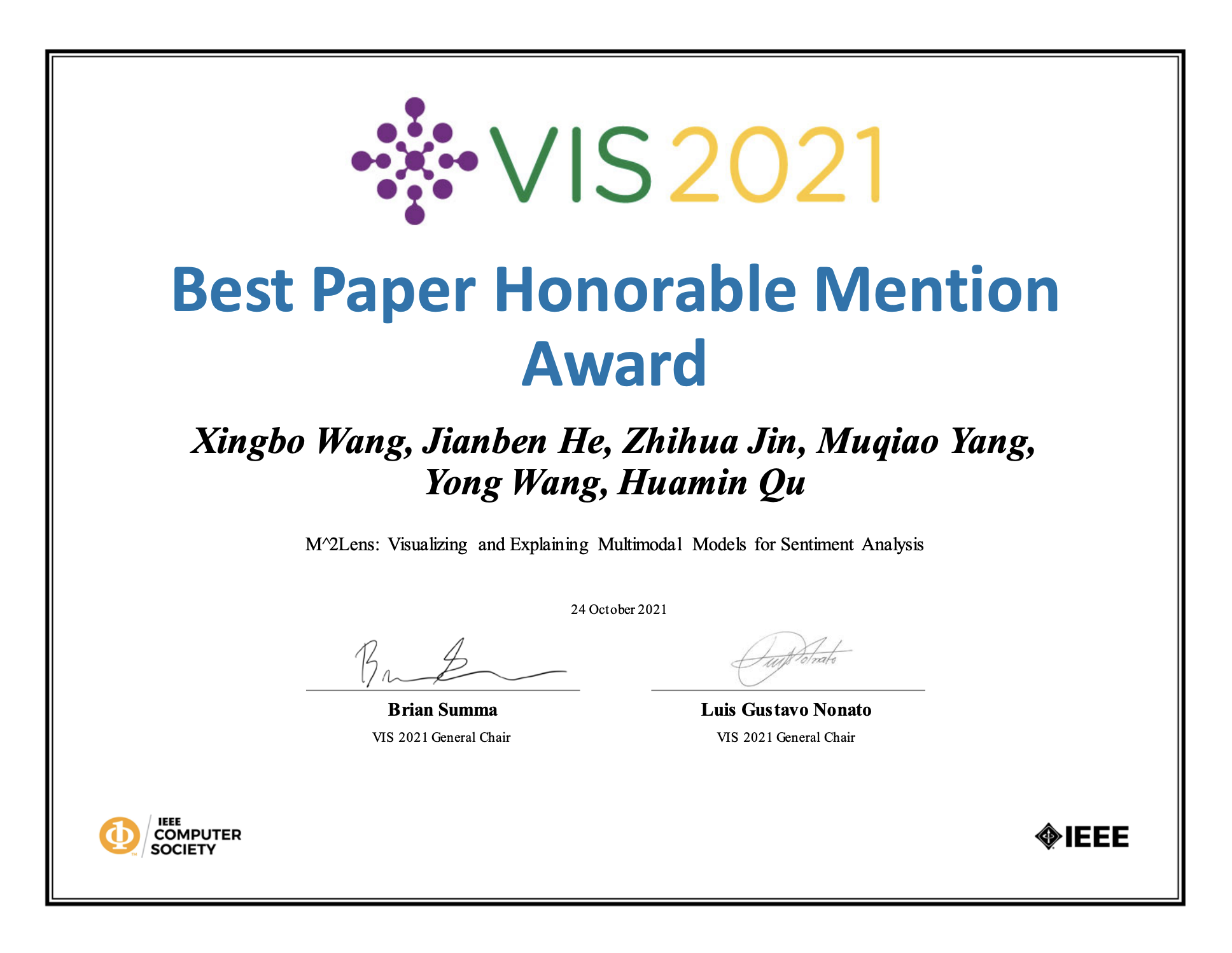 Honorable Mention Award from IEEE Visualization Conference (VIS2021) image 1