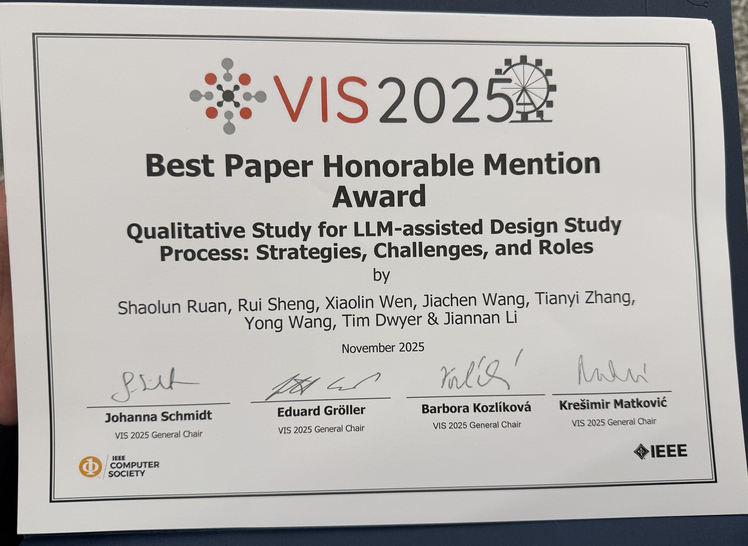 Best Paper Honorable Mention Award at IEEE Visualization Conference (VIS2025) image 1